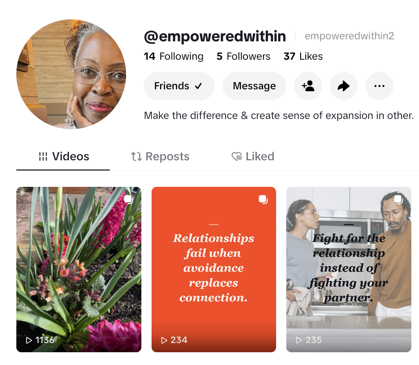 Screenshot of Catherine’s TikTok profile showing her posted quote cards and 1,136 views on her latest post