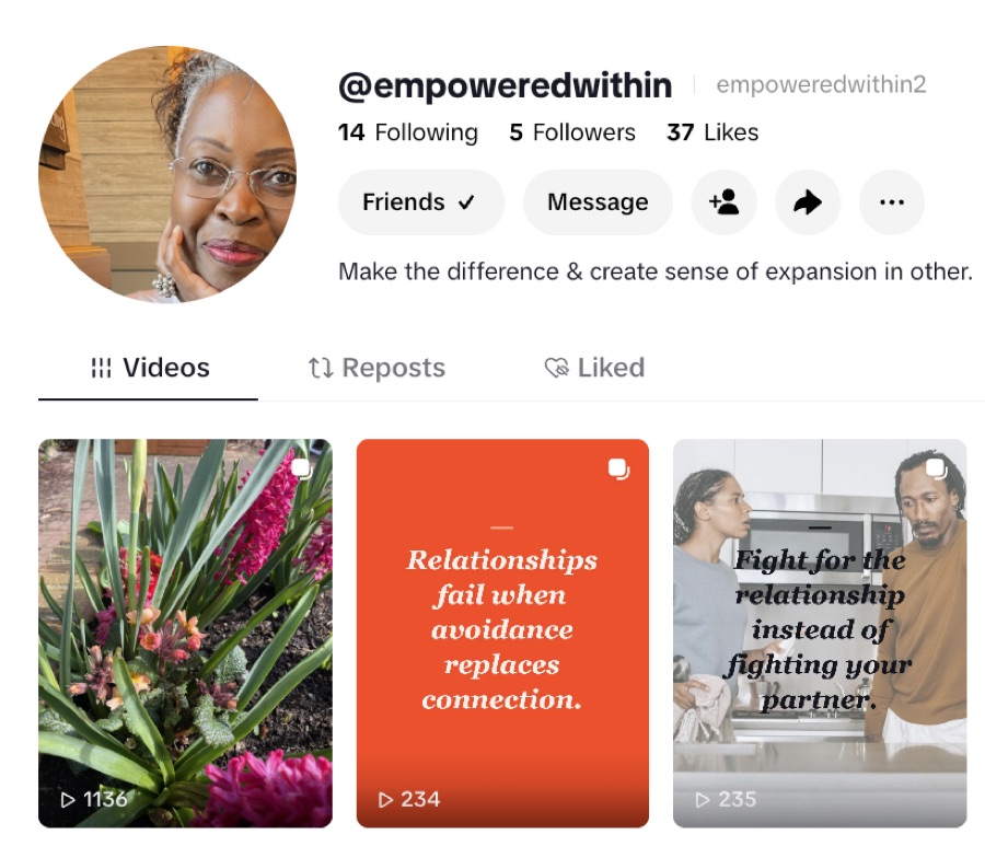 Catherine's TikTok profile with her Quote Cards and 1,136 views
