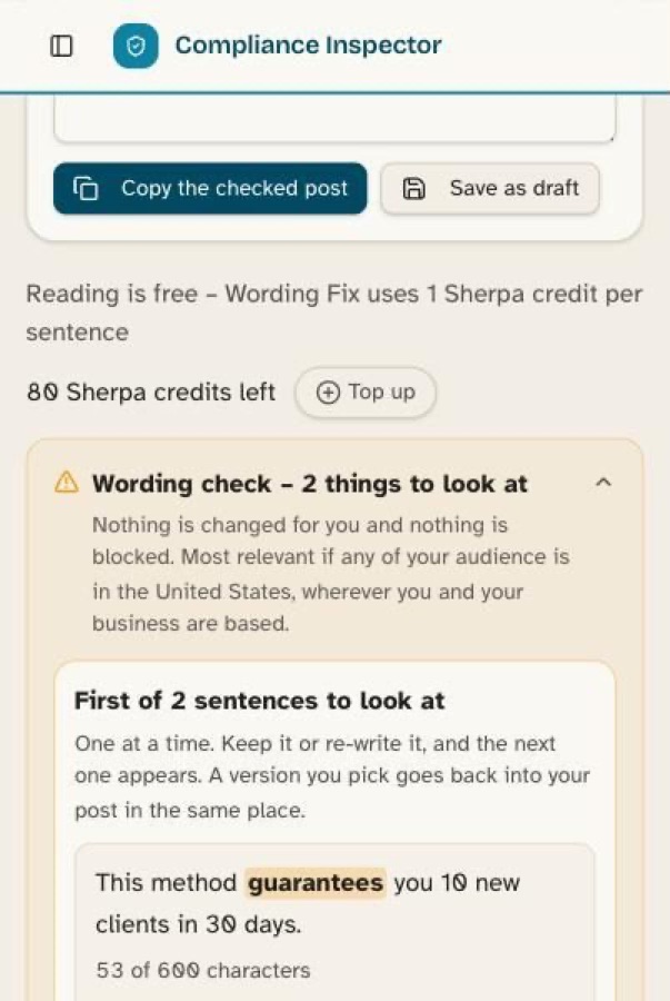 Compliance Inspector marking the word guarantees